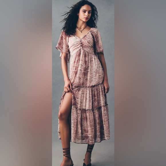 Anthropology Maeve Snake Print Tiered Midi Dress Boho NWT 178.00 Size M - Picture 2 of 10